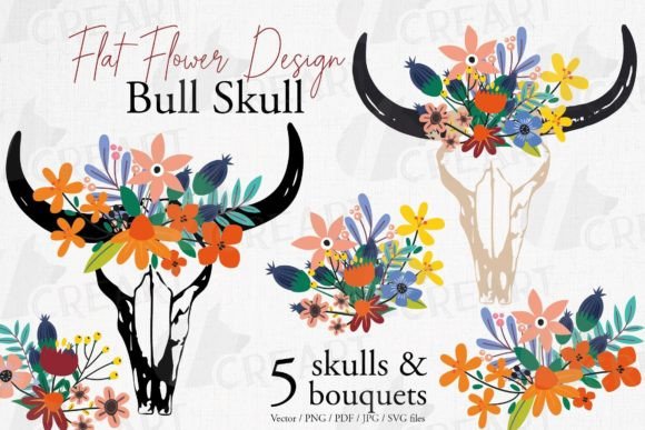 Floral Bull Skull Bouquets Flat Graphic: A Versatile Design Resource for Modern Creators